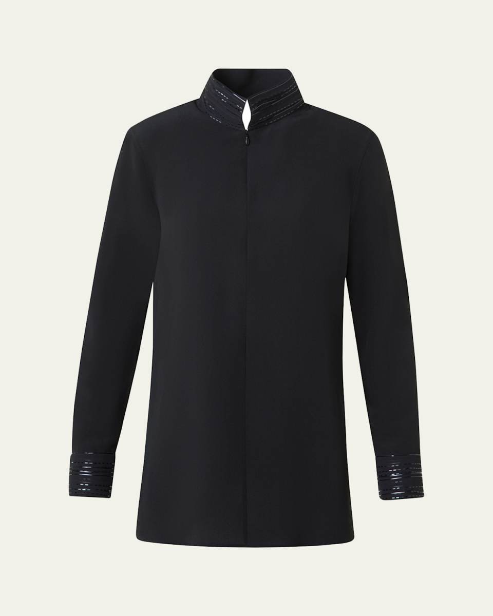 Ribbon Foil Silk Crepe Tunic Blouse